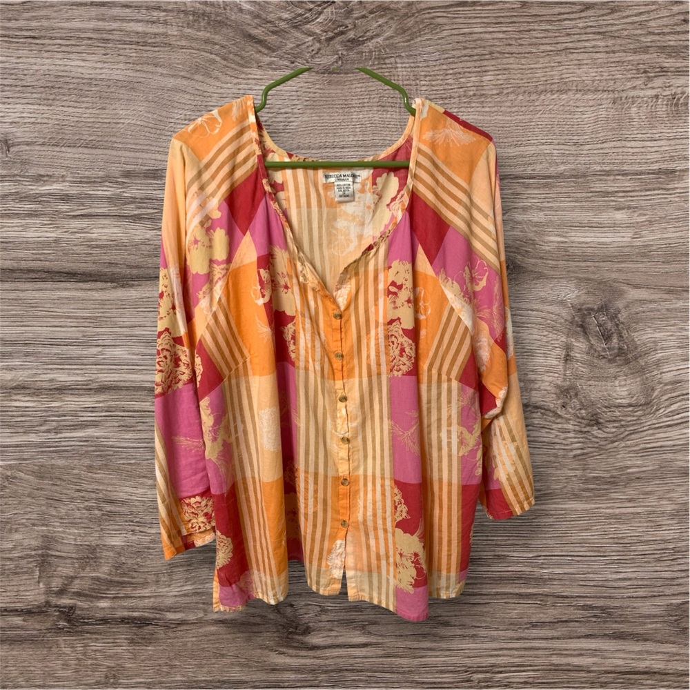 Rebecca Malone Colorful Women's Top 2X tropical beach orange pinks hibiscus